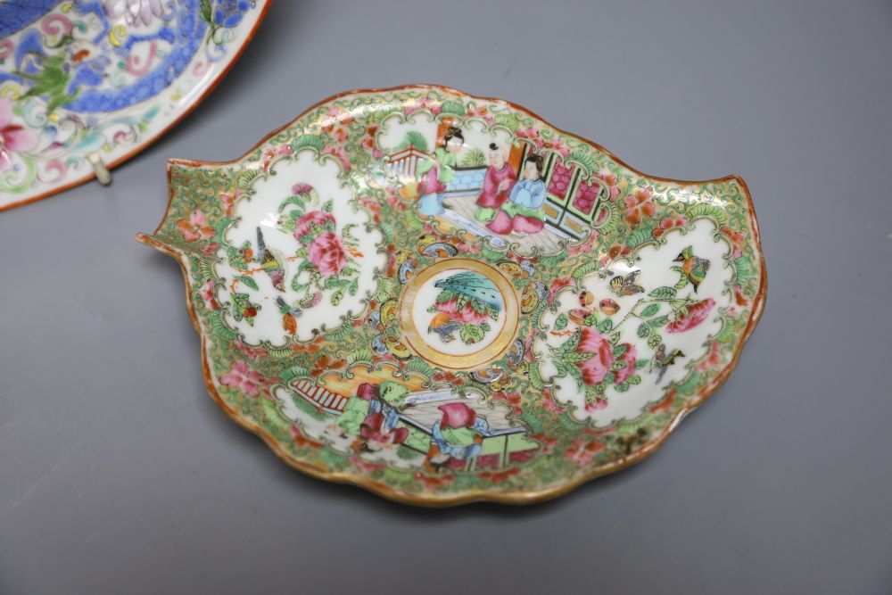 A Chinese enamelled porcelain saucer dish, 25cm, and two Canton leaf dishes, 19cm and 18cm